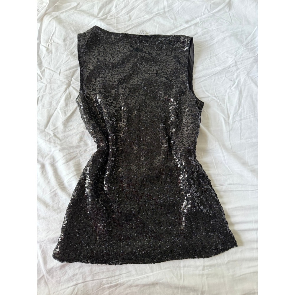 Vintage Y2K 2000s Cache Sequin Top Small Black Gemstone Embellished Neckline - Picture 4 of 8